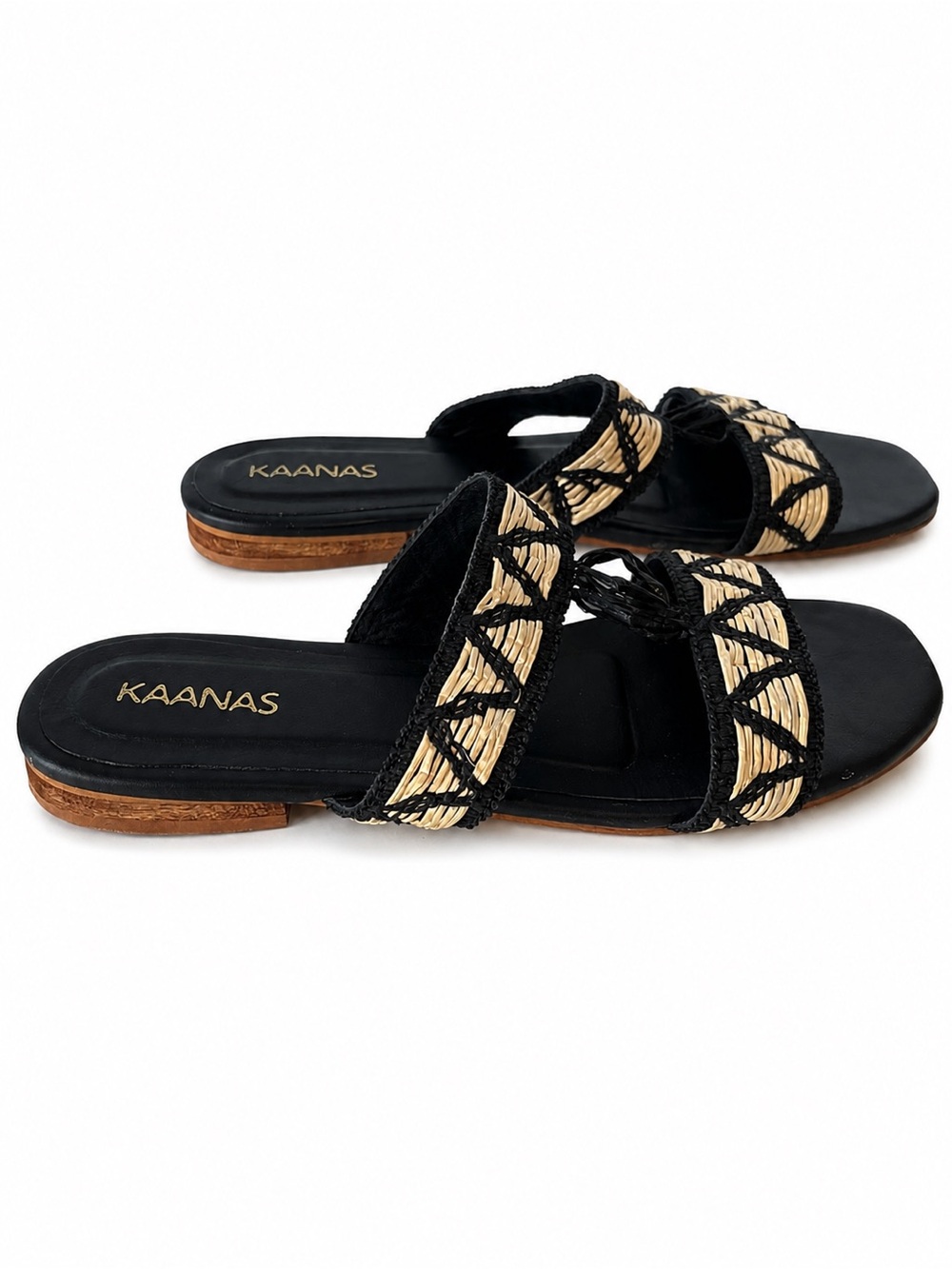 Kaanas Black & Raffia Natural Woven Slide Sandals-Sz 9